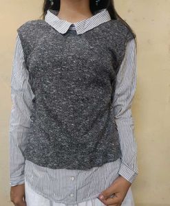 Chic Layered Knit & Striped Shirt