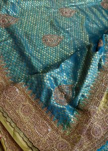 Teal &amp; Gold Embroidered Silk Saree