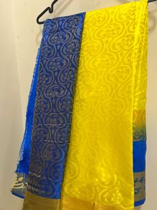 Vibrant Blue &amp; Yellow Brocade Saree