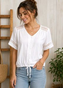 White Lace Trim V-Neck Blouse Size-38