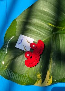 Handmade Red Crochet Earrings with Pearls
