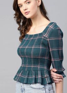 Chic Teal Plaid Smocked Peplum Top