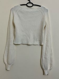 Cream Ribbed Balloon Sleeve Crop Top
