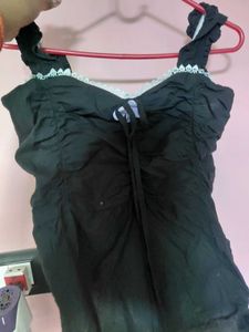 Black Lace Trim Ruched Top