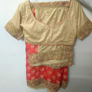 Elegant Ethnic Gold Red Saree with Intricate Det