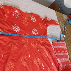 Orange Block Print Kurta Set with Dupatta