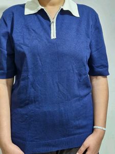 Blue Polo Shirt with White Collar