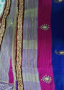 Beautiful Saree Blue Pink White Moti Work