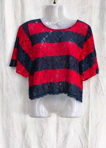 Red &amp; Navy Striped Lace Top