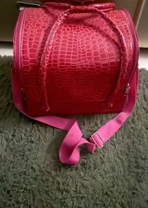 Pink Crocodile Print Makeup Bag with Strap