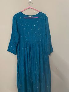 High slit Teal Kurta with Silver Embellishments