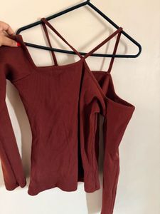 Off shoulder Ribbed Long Sleeve Cut-Out Top