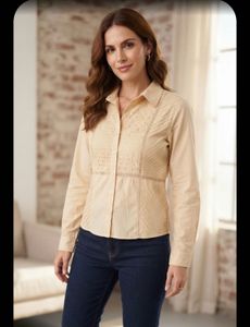 Sheer Button-Up Blouse with Eyelet Detail