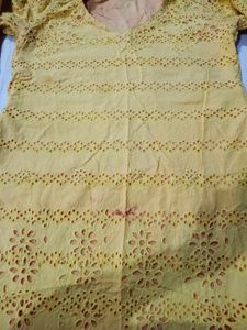 Yellow Chikankari Kurta with Pink Sleeves