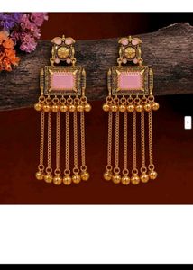 Elegant Gold Toned Dangle Earrings with Pink Accen