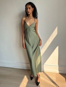 V-Neck Satin Slip Midi Dress in Olive Green