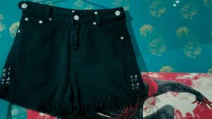 Black Denim Shorts with Fringe and Grommets