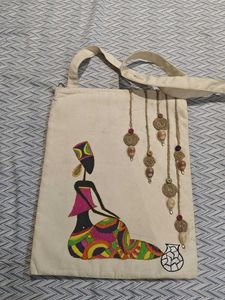 Hand-painted Tote Bag with Beads