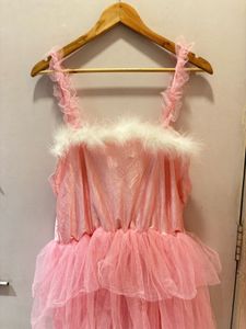 Elegant Pink Ruffled Tulle Fur Trim Dress