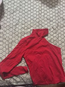 Chic Red One-Shoulder Turtle Neck Top