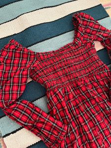 Red Plaid Smocked Square Neck Dress
