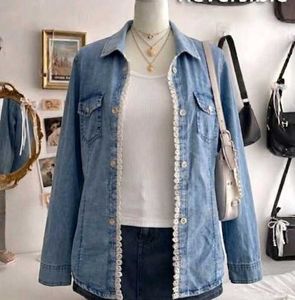 Denim Shirt with Lace Trim