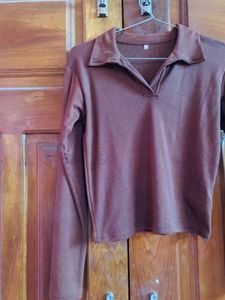 Brown Collared Long Sleeve Top