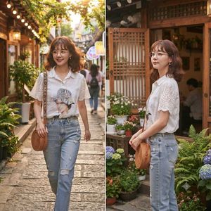 Unique Graphic Print Lace Sleeve Top