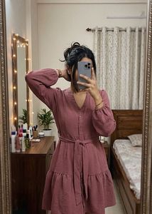 Mauve Button-Up Tiered Dress with Belt