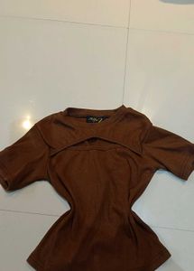 Brown Ribbed Cut-Out Top