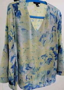 OLIVE GREEN &amp; FEROZE DIGITAL WASH-PRINT BELL SLEEVES TOP