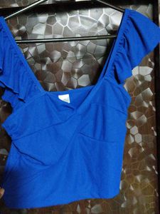 Blue Ruffle Sleeve Crop Top