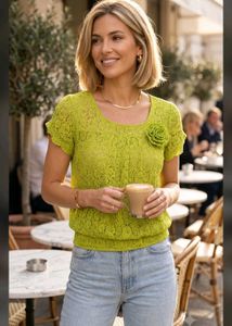 Lime Green Lace Top with Floral Accent