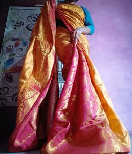 yellow &amp; red banarasi Saree with ready Blouse