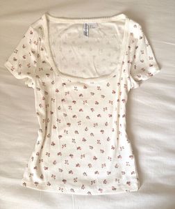 Floral Print Ribbed Square Neck Top