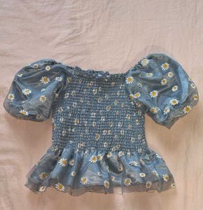 Blue Daisy Smocked Puff Sleeve Top