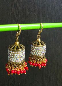 Designer Jhumka Earrings with Red Beads