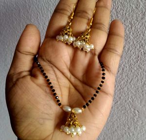 Elegant Pearl & Black Bead Necklace Set