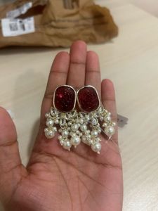 Elegant Red Stone & Pearl Earrings
