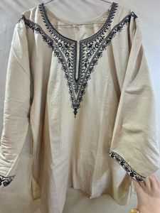 Embroidered Beige Cotton Kurta