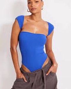 Blue Ribbed Off-Shoulder Bodysuit