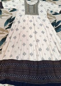 White & Navy blue Printed Anarkali Kurta