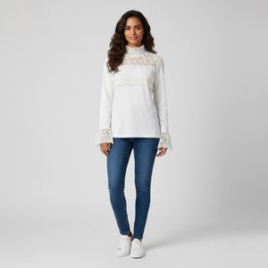 White Lace Trim Turtleneck Top