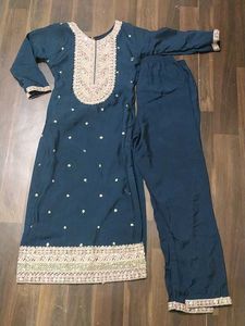 Embroidered Teal Kurta Set with Pants