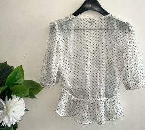 White Polka Dot Wrap Peplum Top