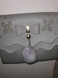 Grey Bow Detail Crossbody Bag with Pom Po