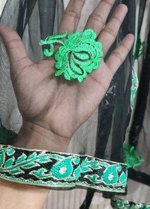 Elegant Black Saree with Green Embroidery
