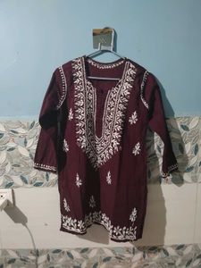 wine color chikankari kurti
