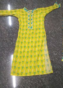Yellow &amp; Teal Chevron Print Kurta Set