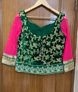 Designer Yellow, Emerald Green &amp; Pink Lehenga Set